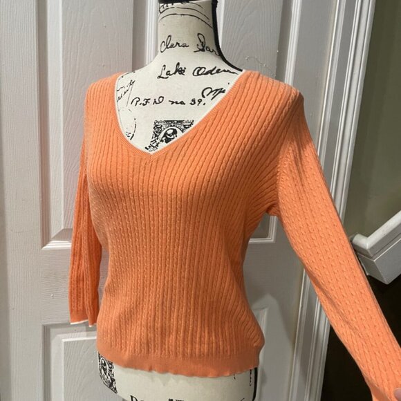 PREPPY COQUETTE CABLE KNIT SWEATER RALPH LAUREN 100% COTTON V NECK SZ PM CORAL - Picture 8 of 16